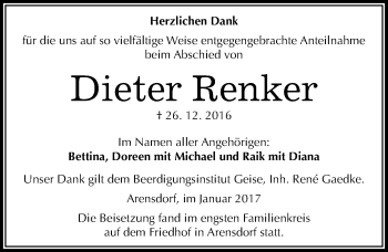 Traueranzeige von Dieter Renker von Mitteldeutsche Zeitung Köthen