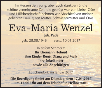 Traueranzeige von Eva Maria Wenzel von Mitteldeutsche Zeitung Mansfelder Land