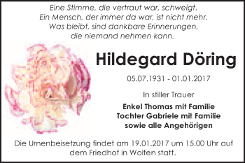 Traueranzeige von Hildegard Döring von WVG - Wochenspiegel Bitterfeld