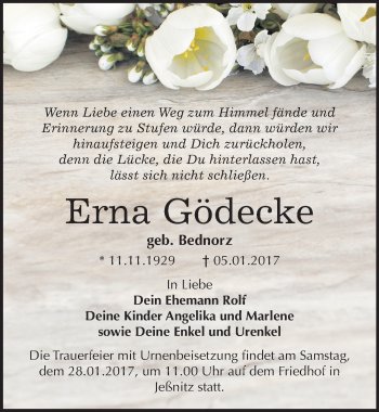 Traueranzeige von Erna Gödecke von Mitteldeutsche Zeitung Bitterfeld