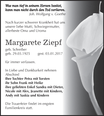 Traueranzeige von Margarete Ziepf von WVG - Wochenspiegel NMB / WSF / ZTZ