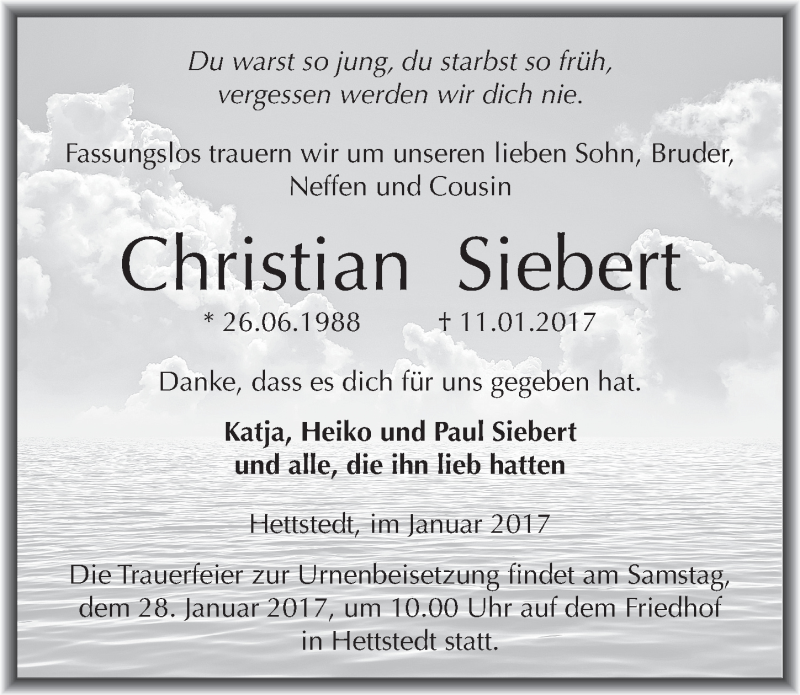  Traueranzeige für Christian Siebert vom 18.01.2017 aus Mitteldeutsche Zeitung Mansfelder Land