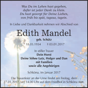 Traueranzeige von Edith Mandel von WVG - Wochenspiegel Wittenberg