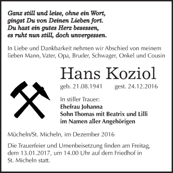 Traueranzeige von Hans Koziol von WVG - Wochenspiegel Merseburg