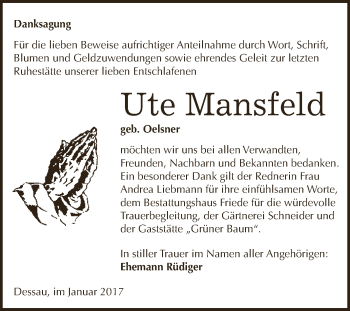 Traueranzeige von Ute Mansfeld von WVG - Wochenspiegel Dessau / Köthen