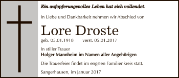 Traueranzeige von Lore Droste von Super Sonntag SGH Mansf. Land
