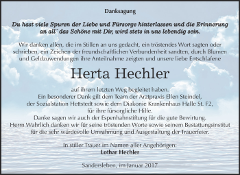 Traueranzeige von Herta Hechler von Super Sonntag SGH Mansf. Land