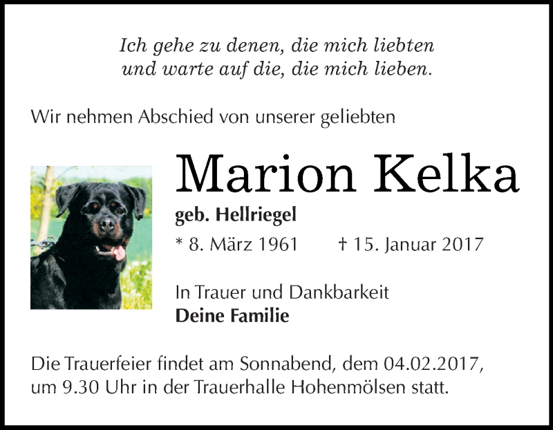 Traueranzeige für Marion Kelka vom 25.01.2017 aus WVG - Wochenspiegel NMB / WSF / ZTZ