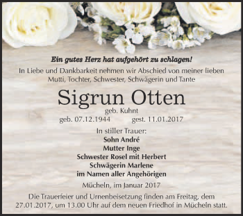 Traueranzeige von Sigrun Otten von WVG - Wochenspiegel Merseburg