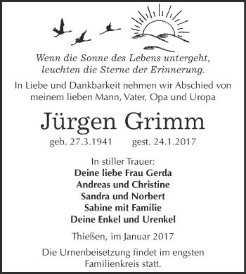 Traueranzeige von Jürgen Grimm von Super Sonntag Wittenberg