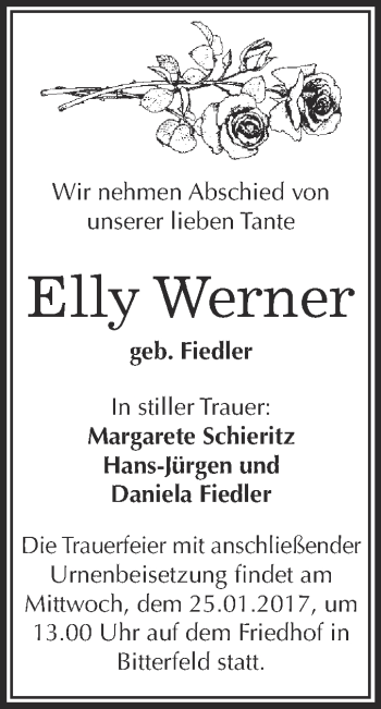 Traueranzeige von Elly Werner von WVG - Wochenspiegel Bitterfeld