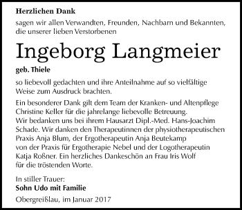 Traueranzeige von Ingeborg Langmeier von Mitteldeutsche Zeitung Weißenfels