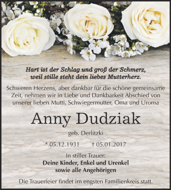 Traueranzeige von Anny Dudziak von WVG - Wochenspiegel Dessau / Köthen