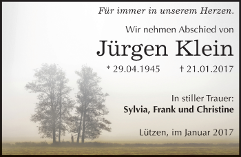 Traueranzeige von Jürgen Klein von Mitteldeutsche Zeitung Weißenfels