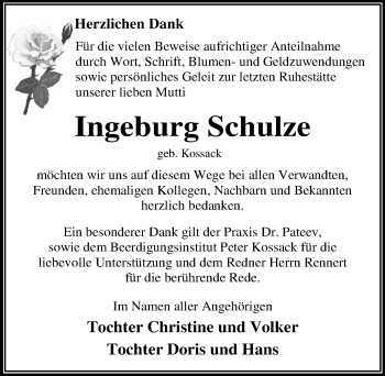 Traueranzeige von Ingeburg Schulze von Mitteldeutsche Zeitung Dessau-Roßlau