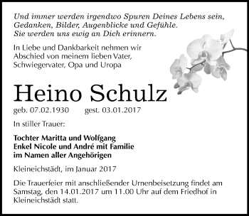 Traueranzeige von Heino Schulz von Mitteldeutsche Zeitung Merseburg/Querfurt