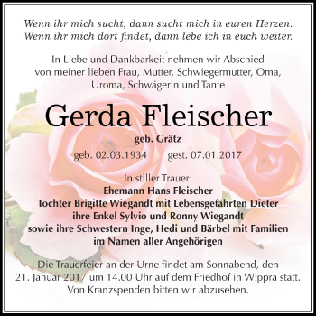 Traueranzeige von Gerda Fleischer von Super Sonntag SGH Mansf. Land