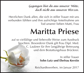 Traueranzeige von Maritta Priese von Mitteldeutsche Zeitung Weißenfels