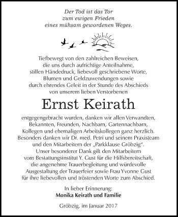 Traueranzeige von Ernst Keirath von WVG - Wochenspiegel Dessau / Köthen