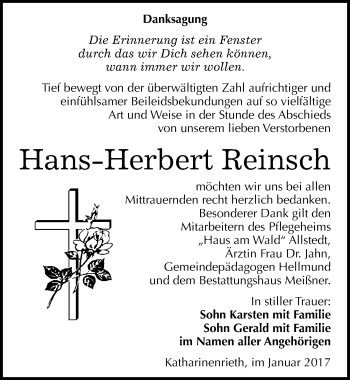 Traueranzeige von Hans-Herbert Reinsch von Mitteldeutsche Zeitung Sangerhausen