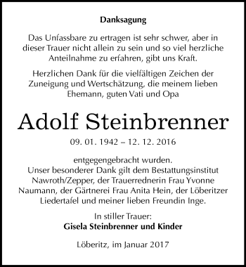 Traueranzeige von Adolf Steinbrenner von Mitteldeutsche Zeitung Bitterfeld