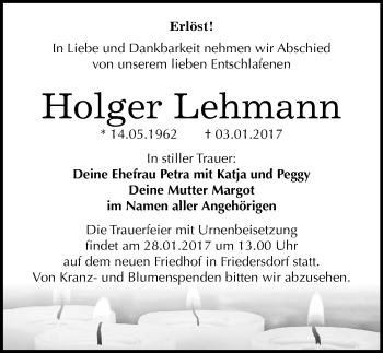 Traueranzeige von Holger Lehmann von Mitteldeutsche Zeitung Bitterfeld