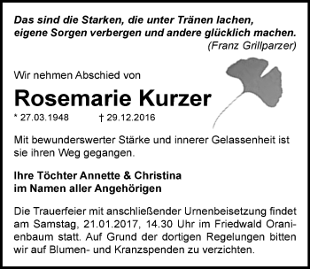 Traueranzeige von Rosemarie Kurzer von Mitteldeutsche Zeitung