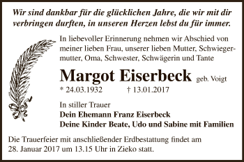 Traueranzeige von Margot Eiserbeck von Super Sonntag Dessau / Köthen
