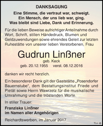 Traueranzeige von Gudrun Linßner von WVG - Wochenspiegel NMB / WSF / ZTZ