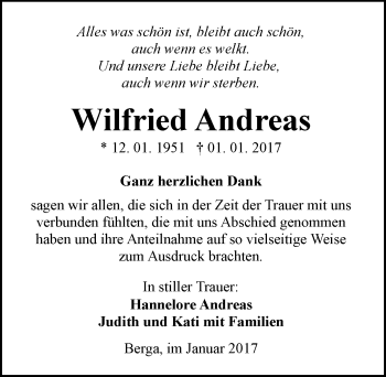 Traueranzeige von Wilfried Andreas von Mitteldeutsche Zeitung Sangerhausen