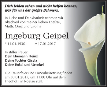 Traueranzeige von Ingeburg Geipel von Mitteldeutsche Zeitung Dessau-Roßlau