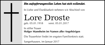 Traueranzeige von Lore Droste von Mitteldeutsche Zeitung Sangerhausen