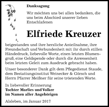 Traueranzeige von Elfriede kreuzer von Mitteldeutsche Zeitung Bernburg