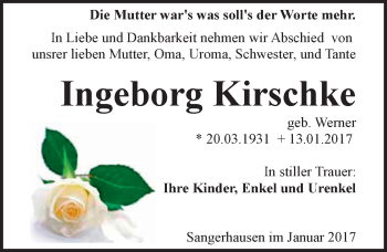 Traueranzeige von Ingeborg Kirschke von Mitteldeutsche Zeitung Sangerhausen