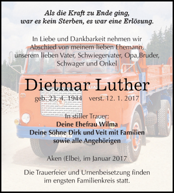 Traueranzeige von Dietmar Luther von WVG - Wochenspiegel Dessau / Köthen