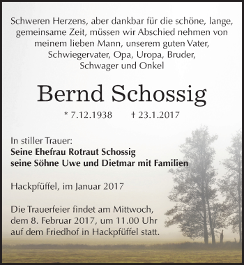 Traueranzeige von Bernd Schossig von Mitteldeutsche Zeitung Sangerhausen