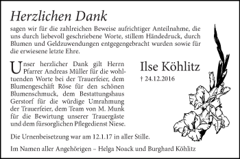 Traueranzeige von Ilse Köhlitz von Super Sonntag SGH Mansf. Land