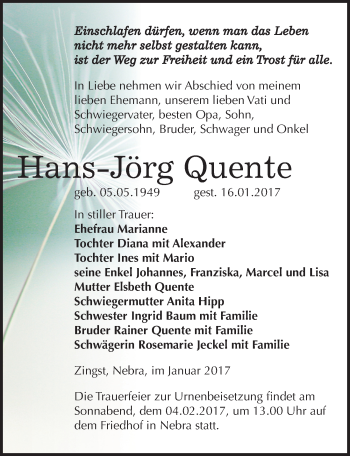 Traueranzeige von Hans-Jörg Quente von Mitteldeutsche Zeitung