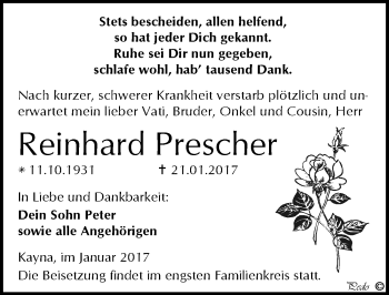 Traueranzeige von Reinhard Prescher von Mitteldeutsche Zeitung Zeitz