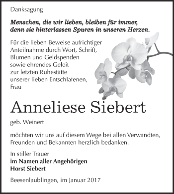 Traueranzeige von Anneliese Siebert von Super Sonntag Bernburg