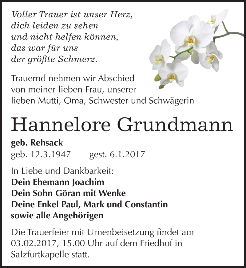  Traueranzeige für Hannelore Grundmann vom 14.01.2017 aus Mitteldeutsche Zeitung Bitterfeld