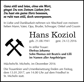 Traueranzeige von Hans Koziol von Mitteldeutsche Zeitung Merseburg/Querfurt