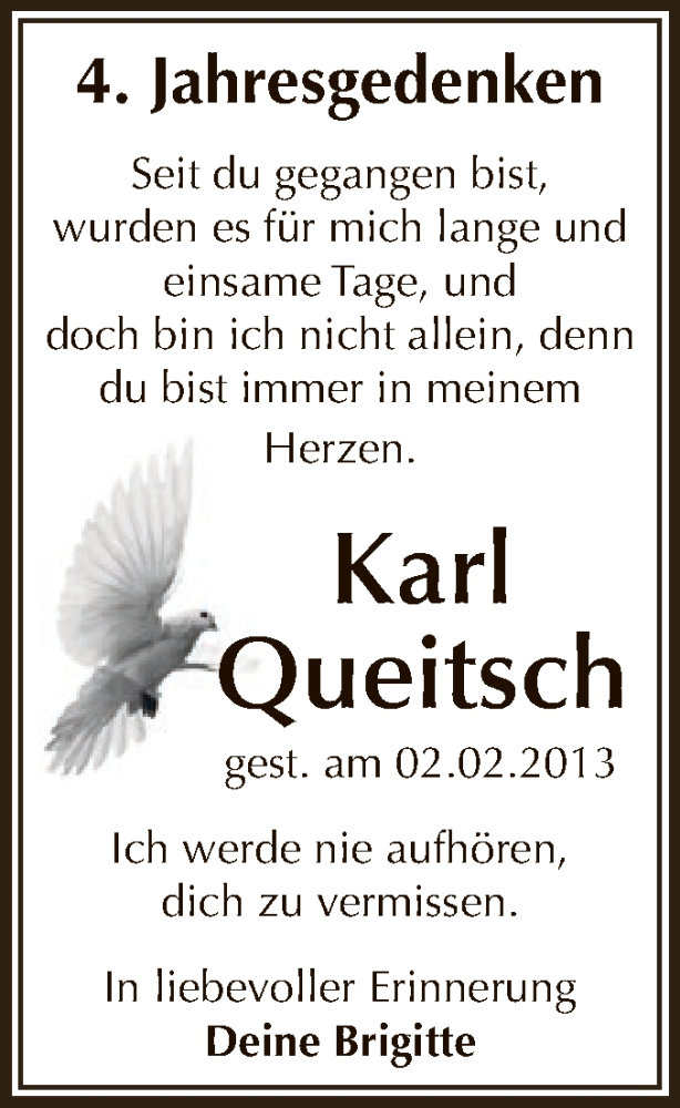  Traueranzeige für Karl Queitsch vom 28.01.2017 aus WVG - Wochenspiegel Dessau / Köthen