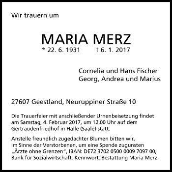 Traueranzeige von Maria Merz von Mitteldeutsche Zeitung Halle/Saalkreis