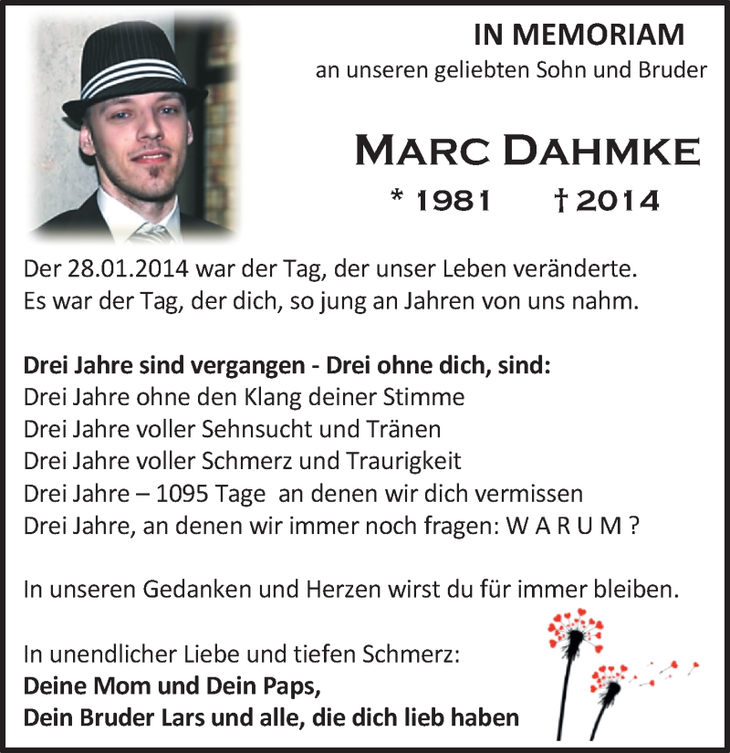  Traueranzeige für Marc Dahmke vom 28.01.2017 aus Mitteldeutsche Zeitung Halle/Saalkreis