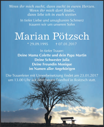 Traueranzeige von Marian Pötzsch von WVG - Wochenspiegel Bitterfeld