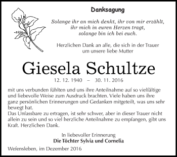 Traueranzeige von Giesela Schultze von Super Sonntag SGH Mansf. Land