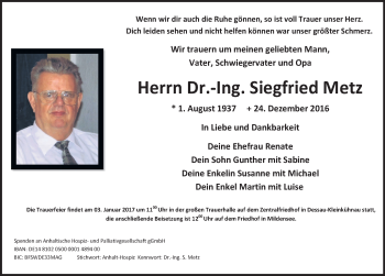 Traueranzeige von Siegfried Metz von Mitteldeutsche Zeitung Dessau-Roßlau