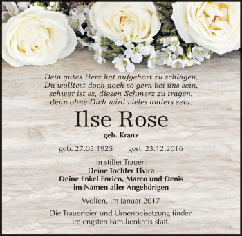 Traueranzeige von Ilse Rose von Mitteldeutsche Zeitung Bitterfeld