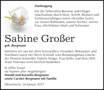 Traueranzeige von Sabine Großer von Mitteldeutsche Zeitung Wittenberg